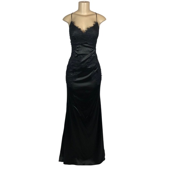 Lulus Satin Lace Trim Evening Gown Formal Maxi Dress Size 8 Party Prom Y2K Goth - Picture 3 of 12